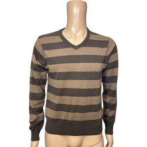 Old Navy Men’s Pullover Sweater M Brown Tan Stripes Crewneck Long Sleeve Casual